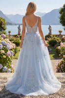 Laden Sie das Bild in den Galerie-Viewer, A-Line blaue Spaghettiträger mit perlenbesetztem transparentem Korsett, langes Abschlussballkleid mit Applikationen
