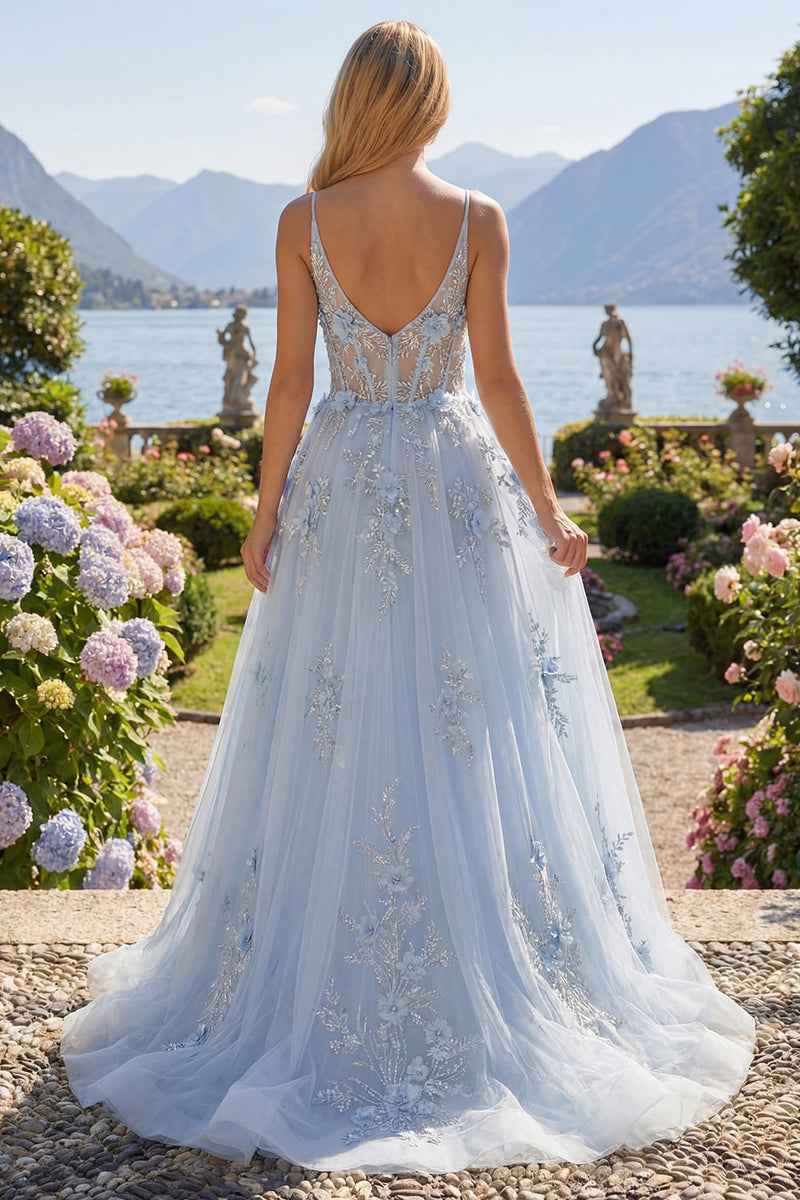 Laden Sie das Bild in den Galerie-Viewer, A-Line blaue Spaghettiträger mit perlenbesetztem transparentem Korsett, langes Abschlussballkleid mit Applikationen