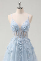 Laden Sie das Bild in den Galerie-Viewer, A-Line blaue Spaghettiträger mit perlenbesetztem transparentem Korsett, langes Abschlussballkleid mit Applikationen