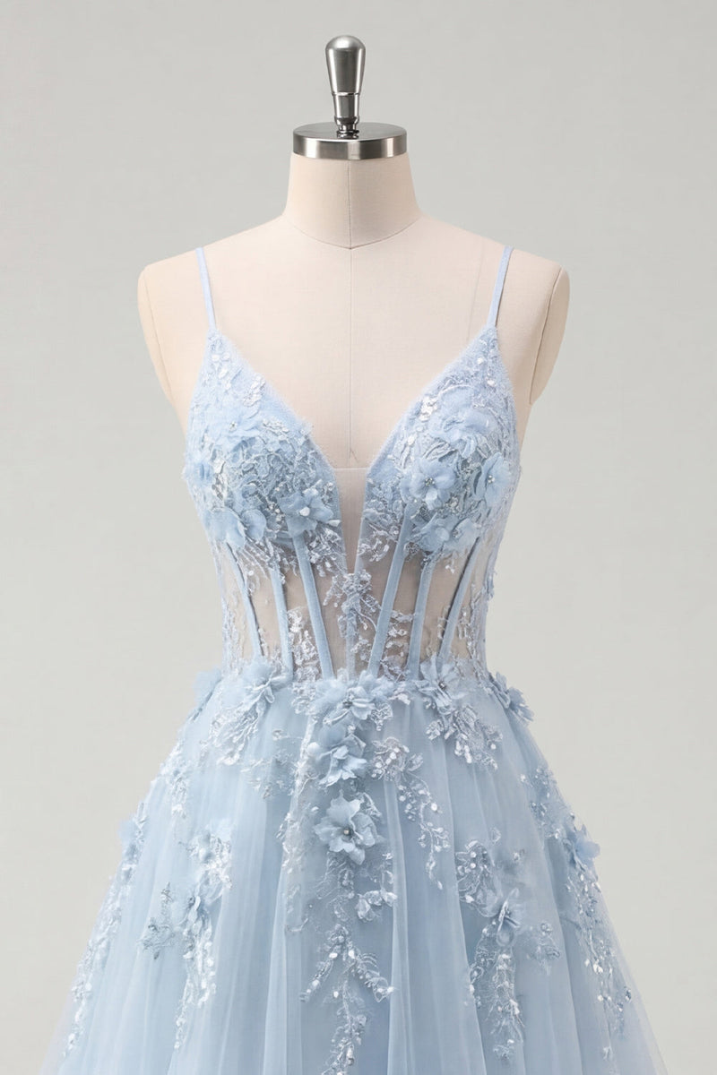 Laden Sie das Bild in den Galerie-Viewer, A-Line blaue Spaghettiträger mit perlenbesetztem transparentem Korsett, langes Abschlussballkleid mit Applikationen