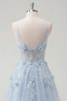 Laden Sie das Bild in den Galerie-Viewer, A-Line blaue Spaghettiträger mit perlenbesetztem transparentem Korsett, langes Abschlussballkleid mit Applikationen