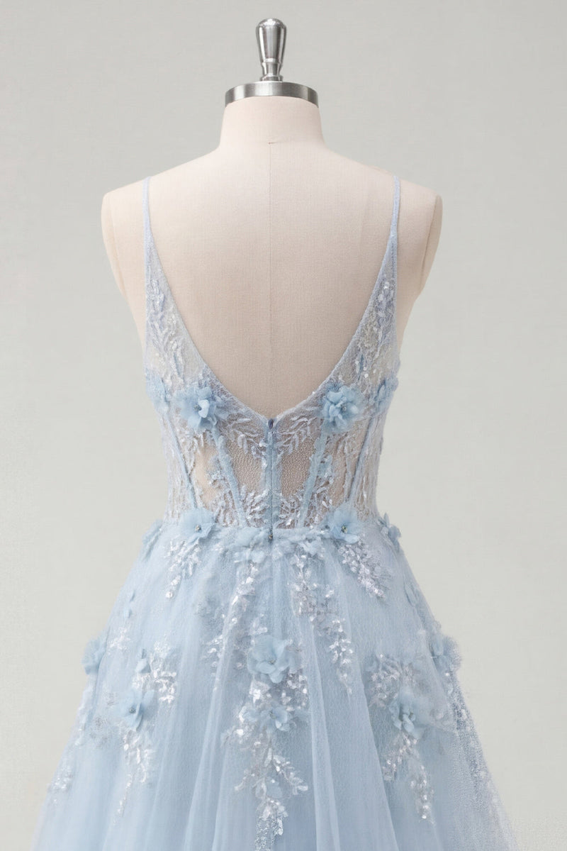 Laden Sie das Bild in den Galerie-Viewer, A-Line blaue Spaghettiträger mit perlenbesetztem transparentem Korsett, langes Abschlussballkleid mit Applikationen