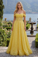 Laden Sie das Bild in den Galerie-Viewer, Glitzerndes gelbes, schulterloses Korsett, Pailletten, langes Abschlussballkleid