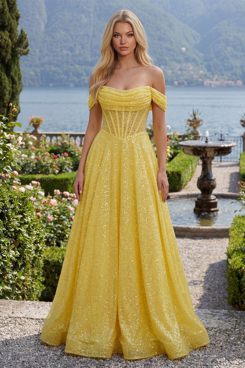 Laden Sie das Bild in den Galerie-Viewer, Glitzerndes gelbes, schulterloses Korsett, Pailletten, langes Abschlussballkleid