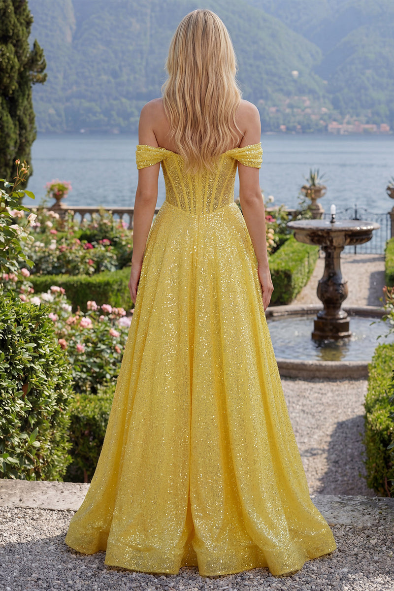 Laden Sie das Bild in den Galerie-Viewer, Glitzerndes gelbes, schulterloses Korsett, Pailletten, langes Abschlussballkleid