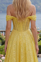 Laden Sie das Bild in den Galerie-Viewer, Glitzerndes gelbes, schulterloses Korsett, Pailletten, langes Abschlussballkleid