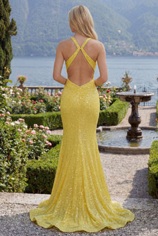 Glitzerndes Meerjungfrauen-Gelbes Neckholderhals-Pailletten-Langballkleid