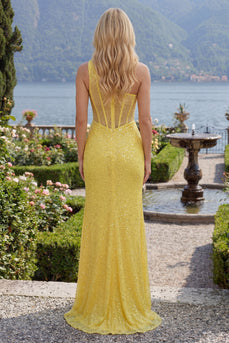 Glitzerndes gelbes Meerjungfrauen-Korsett, Pailletten, langes Abschlussballkleid mit Schlitz