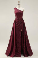 Laden Sie das Bild in den Galerie-Viewer, Glitzerndes bordeauxrotes A-Linien-Pailletten-Langball-Kleid mit Schlitz