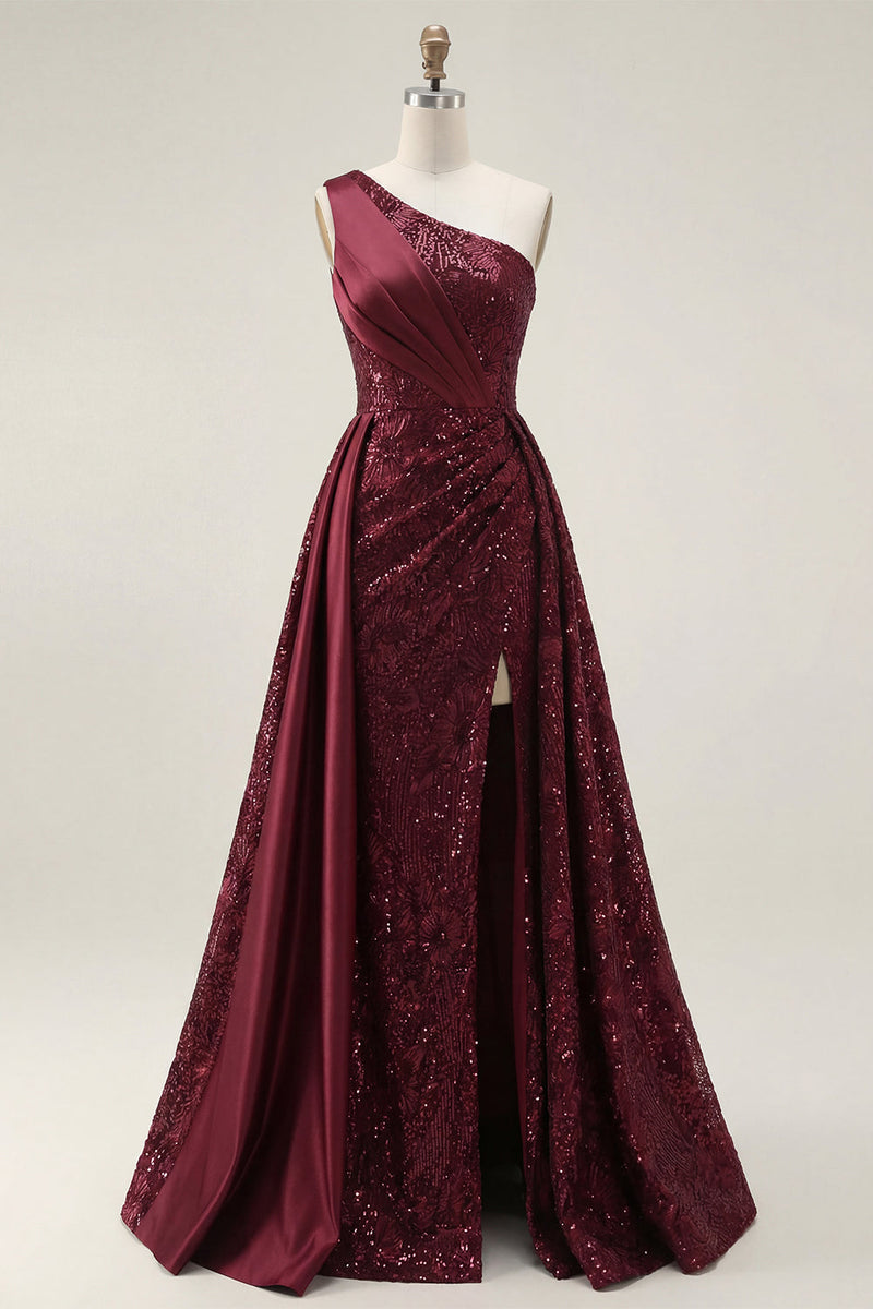 Laden Sie das Bild in den Galerie-Viewer, Glitzerndes bordeauxrotes A-Linien-Pailletten-Langball-Kleid mit Schlitz
