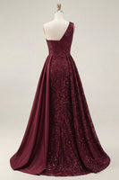 Laden Sie das Bild in den Galerie-Viewer, Glitzerndes bordeauxrotes A-Linien-Pailletten-Langball-Kleid mit Schlitz
