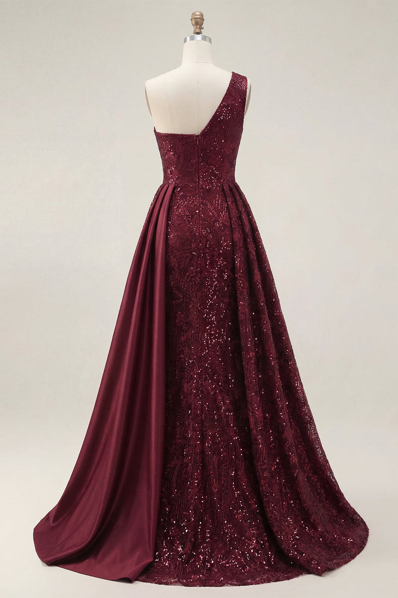 Laden Sie das Bild in den Galerie-Viewer, Glitzerndes bordeauxrotes A-Linien-Pailletten-Langball-Kleid mit Schlitz