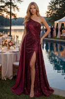 Laden Sie das Bild in den Galerie-Viewer, Glitzerndes bordeauxrotes A-Linien-Pailletten-Langball-Kleid mit Schlitz