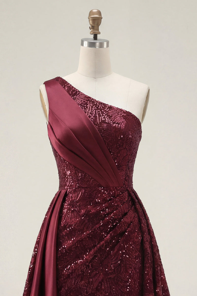 Laden Sie das Bild in den Galerie-Viewer, Glitzerndes bordeauxrotes A-Linien-Pailletten-Langball-Kleid mit Schlitz