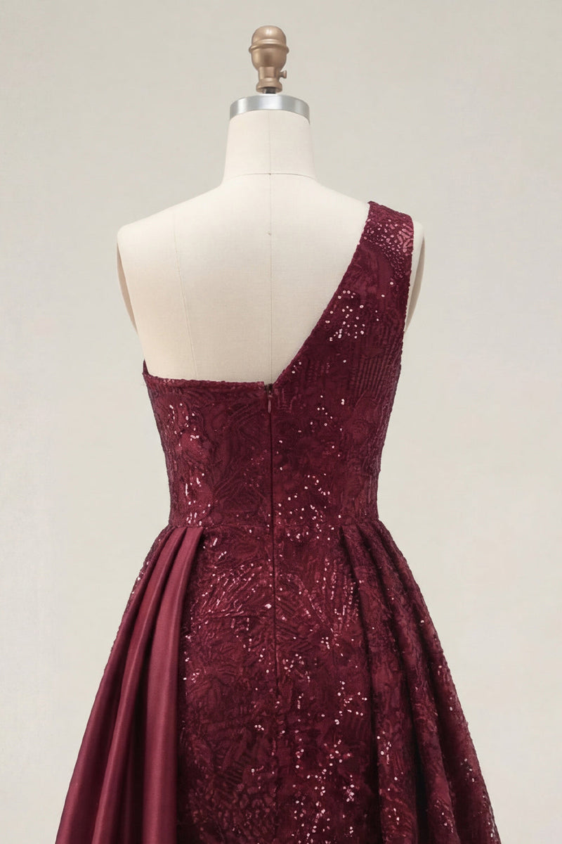 Laden Sie das Bild in den Galerie-Viewer, Glitzerndes bordeauxrotes A-Linien-Pailletten-Langball-Kleid mit Schlitz