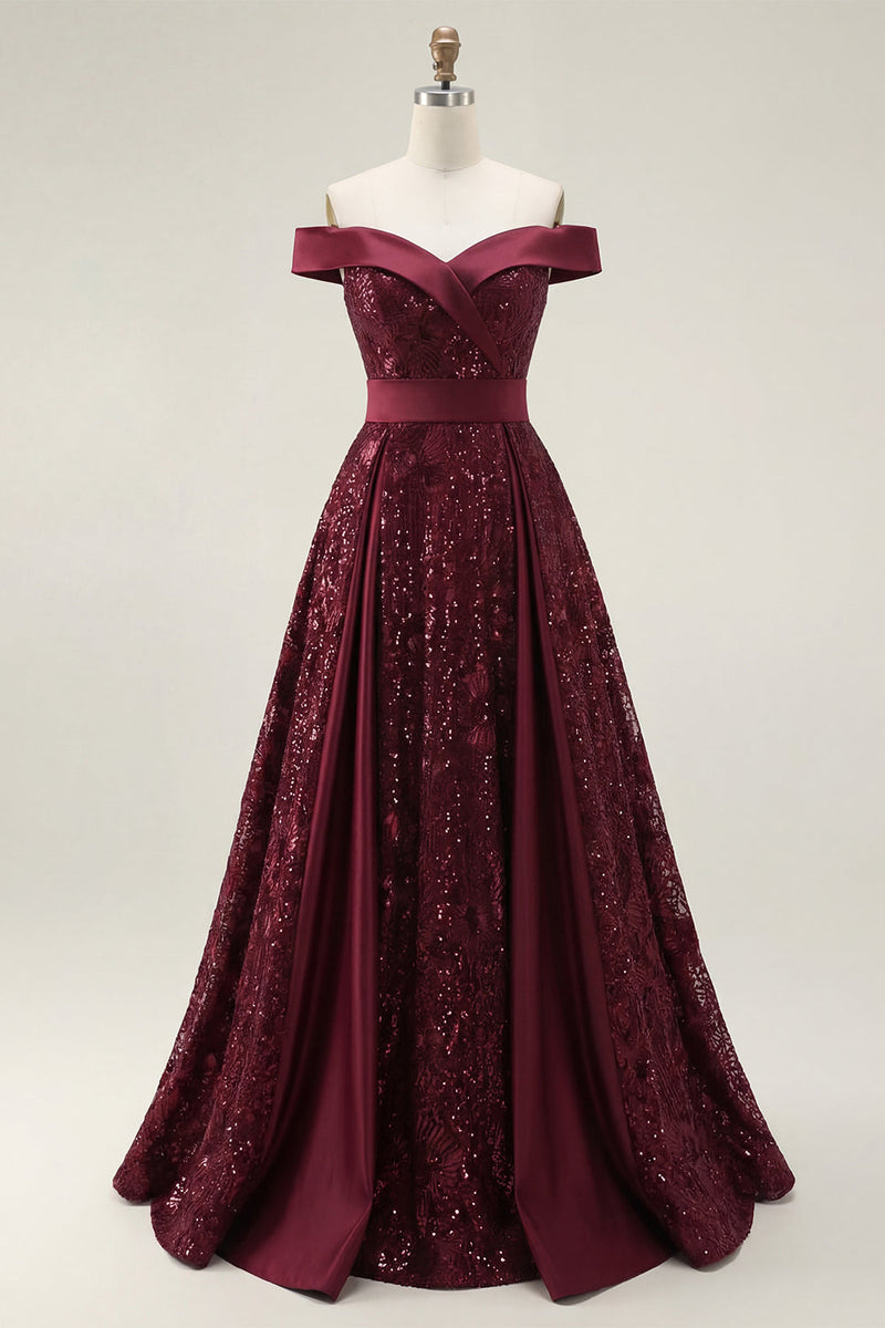 Laden Sie das Bild in den Galerie-Viewer, Glitzerndes schulterloses, burgunderrotes A-Line-Pailletten-Langball-Kleid