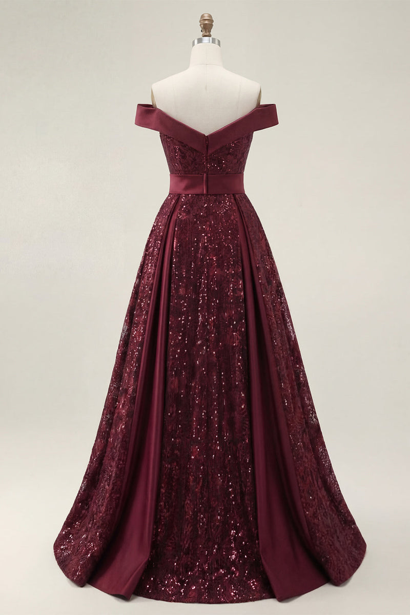 Laden Sie das Bild in den Galerie-Viewer, Glitzerndes schulterloses, burgunderrotes A-Line-Pailletten-Langball-Kleid