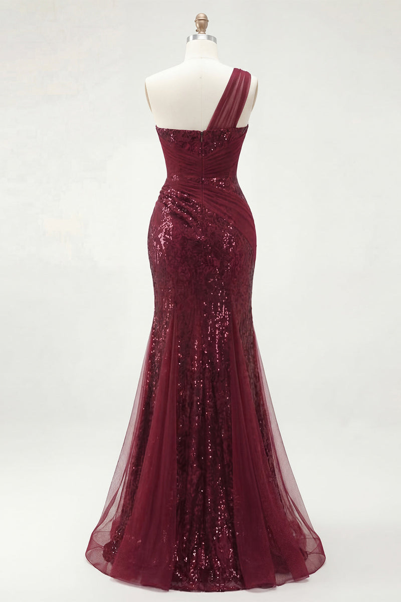 Laden Sie das Bild in den Galerie-Viewer, Glitzerndes einschulterfarbenes, burgunderrotes Meerjungfrauen-Pailletten-Langball-Kleid mit Schlitz