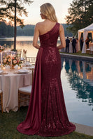 Laden Sie das Bild in den Galerie-Viewer, Glitzerndes burgunderrotes Meerjungfrauen-Pailletten-Langball-Kleid mit Schlitz