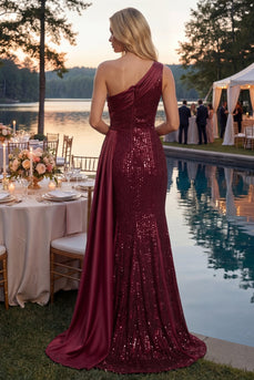 Glitzerndes burgunderrotes Meerjungfrauen-Pailletten-Langball-Kleid mit Schlitz