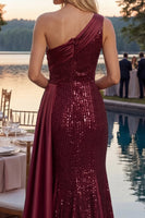 Laden Sie das Bild in den Galerie-Viewer, Glitzerndes burgunderrotes Meerjungfrauen-Pailletten-Langball-Kleid mit Schlitz