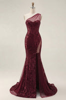 Laden Sie das Bild in den Galerie-Viewer, Glitzerndes burgunderrotes Pailletten-Meerjungfrauen-Langeschulterkleid mit Schlitz