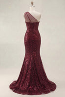Laden Sie das Bild in den Galerie-Viewer, Glitzerndes burgunderrotes Pailletten-Meerjungfrauen-Langeschulterkleid mit Schlitz