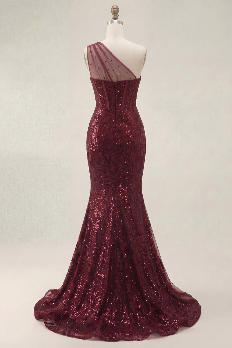 Laden Sie das Bild in den Galerie-Viewer, Glitzerndes burgunderrotes Pailletten-Meerjungfrauen-Langeschulterkleid mit Schlitz