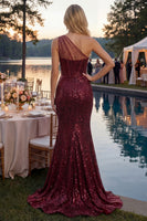 Laden Sie das Bild in den Galerie-Viewer, Glitzerndes burgunderrotes Pailletten-Meerjungfrauen-Langeschulterkleid mit Schlitz