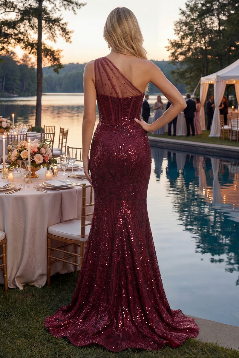 Laden Sie das Bild in den Galerie-Viewer, Glitzerndes burgunderrotes Pailletten-Meerjungfrauen-Langeschulterkleid mit Schlitz