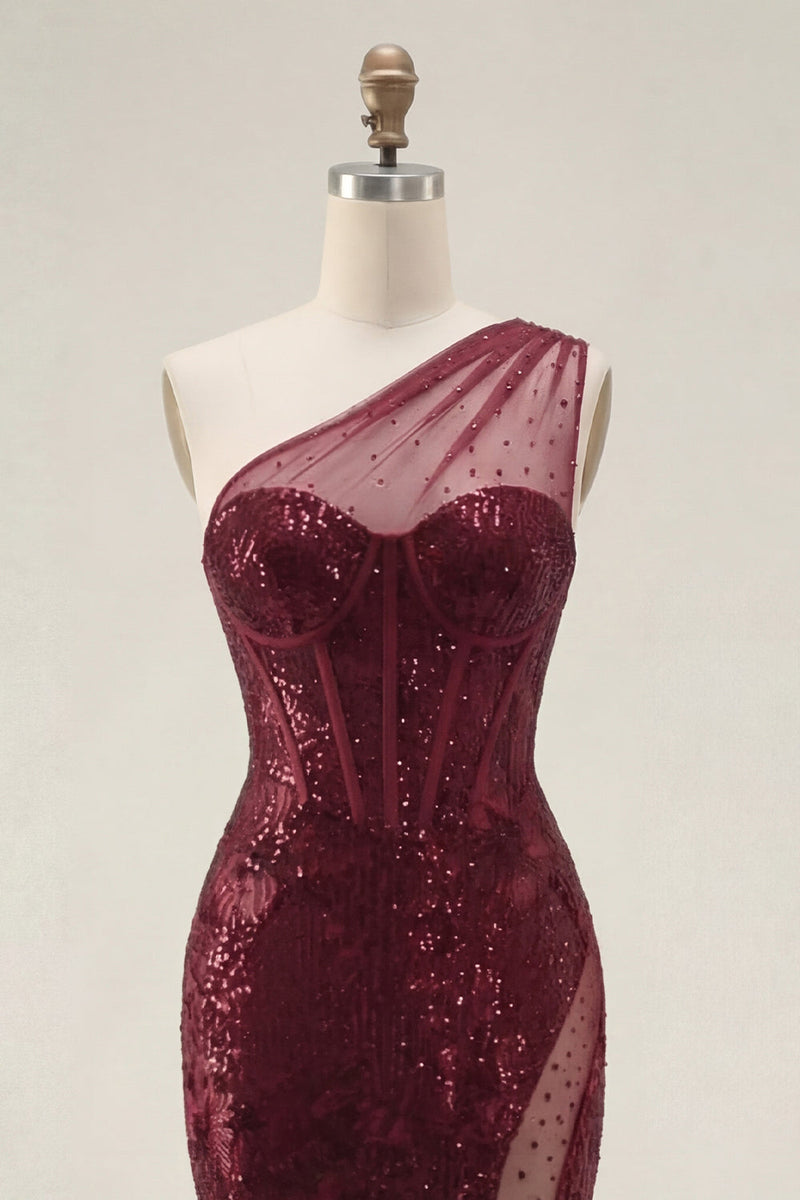 Laden Sie das Bild in den Galerie-Viewer, Glitzerndes burgunderrotes Pailletten-Meerjungfrauen-Langeschulterkleid mit Schlitz