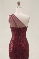 Laden Sie das Bild in den Galerie-Viewer, Glitzerndes burgunderrotes Pailletten-Meerjungfrauen-Langeschulterkleid mit Schlitz