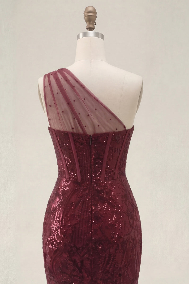 Laden Sie das Bild in den Galerie-Viewer, Glitzerndes burgunderrotes Pailletten-Meerjungfrauen-Langeschulterkleid mit Schlitz