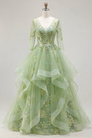Laden Sie das Bild in den Galerie-Viewer, Grünes A-Linien-Korsett, V-Ausschnitt-Appliquiertes Langballkleid mit Rüschen