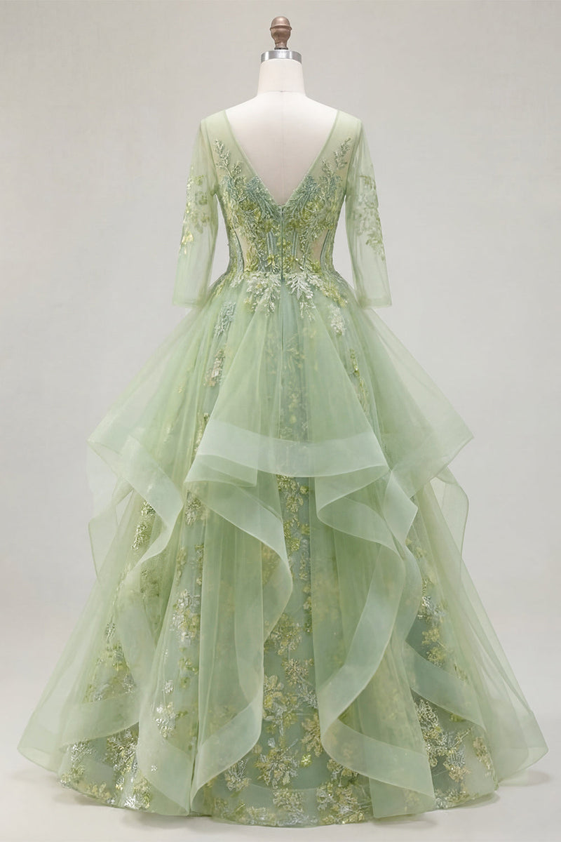 Laden Sie das Bild in den Galerie-Viewer, Grünes A-Linien-Korsett, V-Ausschnitt-Appliquiertes Langballkleid mit Rüschen