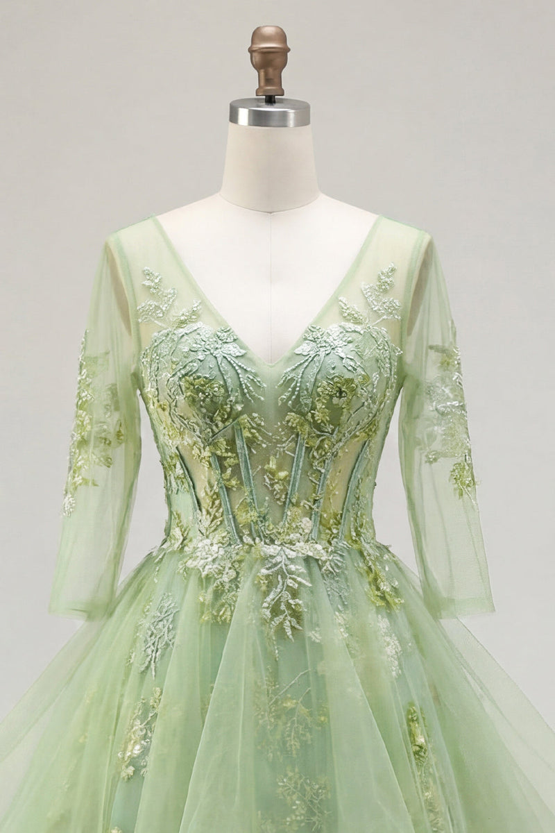 Laden Sie das Bild in den Galerie-Viewer, Grünes A-Linien-Korsett, V-Ausschnitt-Appliquiertes Langballkleid mit Rüschen