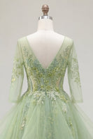 Laden Sie das Bild in den Galerie-Viewer, Grünes A-Linien-Korsett, V-Ausschnitt-Appliquiertes Langballkleid mit Rüschen