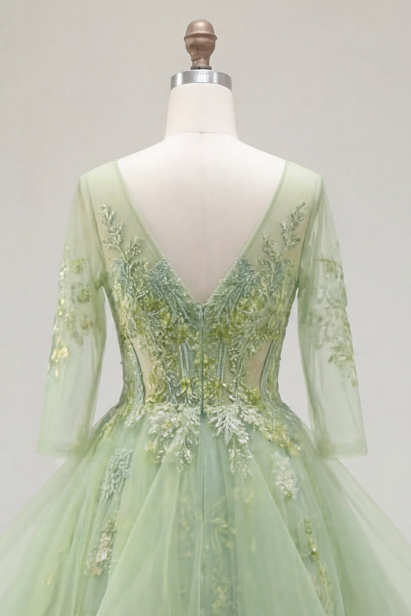 Laden Sie das Bild in den Galerie-Viewer, Grünes A-Linien-Korsett, V-Ausschnitt-Appliquiertes Langballkleid mit Rüschen