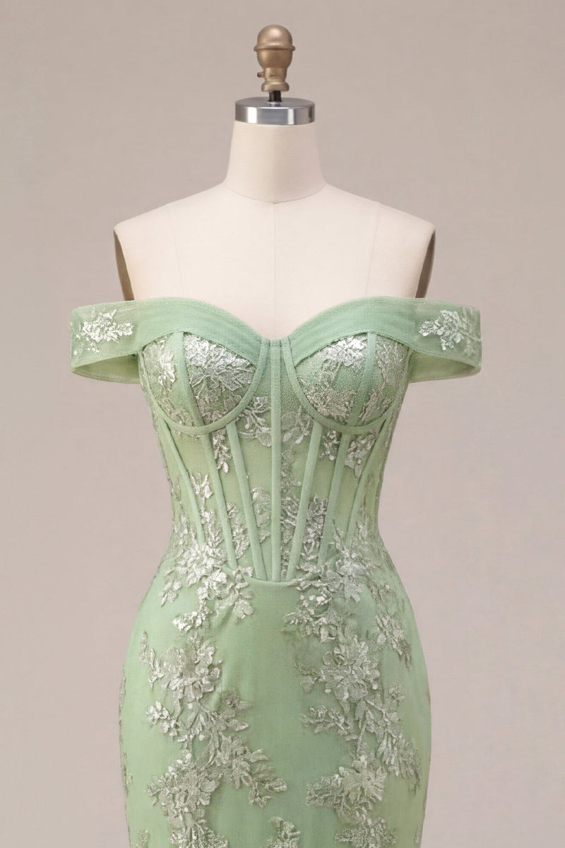 Laden Sie das Bild in den Galerie-Viewer, Langes Abschlussballkleid mit Meerjungfrauengrün mit Off-the-shoulder-Korsettapplikationen