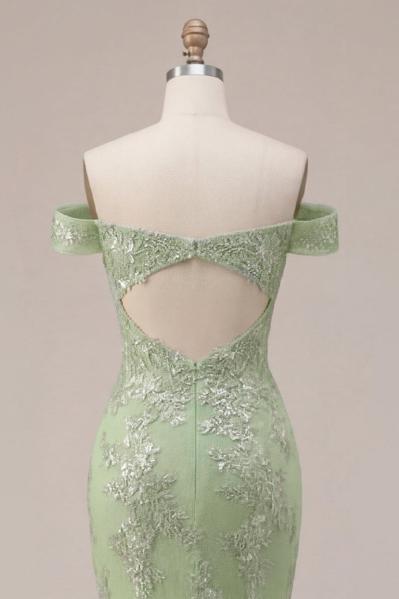 Laden Sie das Bild in den Galerie-Viewer, Langes Abschlussballkleid mit Meerjungfrauengrün mit Off-the-shoulder-Korsettapplikationen