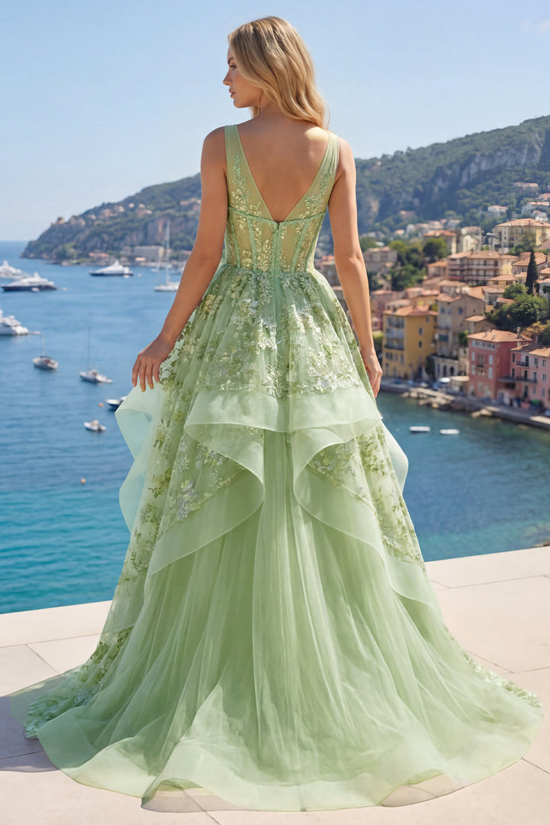 Laden Sie das Bild in den Galerie-Viewer, Grünes A-Linien-Korsett, V-Ausschnitt-Appliquiertes Langballkleid mit Rüschen