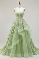 Laden Sie das Bild in den Galerie-Viewer, Grünes A-Linien-Korsett, V-Ausschnitt-Appliquiertes Langballkleid mit Rüschen