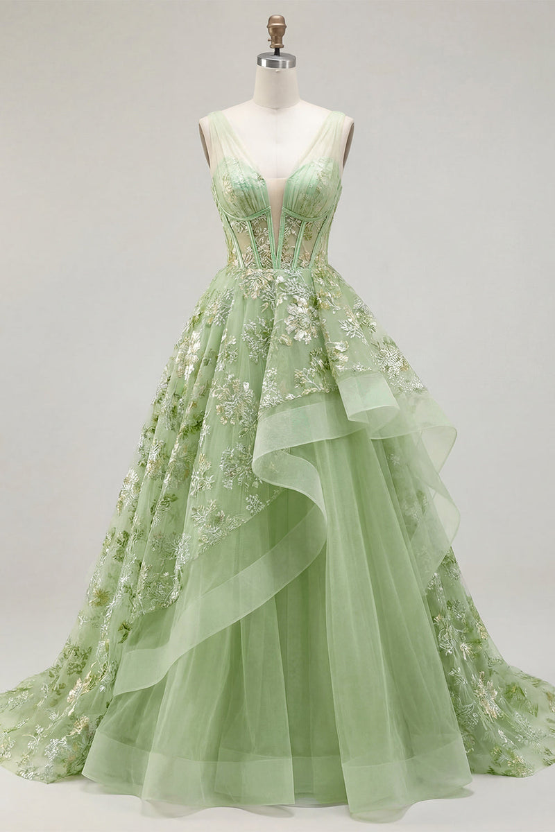 Laden Sie das Bild in den Galerie-Viewer, Grünes A-Linien-Korsett, V-Ausschnitt-Appliquiertes Langballkleid mit Rüschen