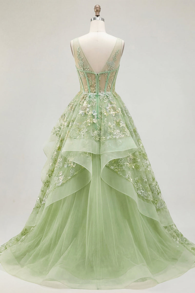 Laden Sie das Bild in den Galerie-Viewer, Grünes A-Linien-Korsett, V-Ausschnitt-Appliquiertes Langballkleid mit Rüschen