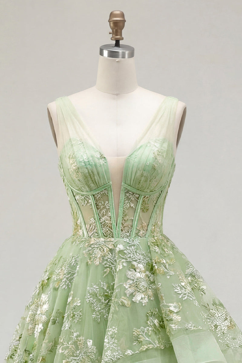 Laden Sie das Bild in den Galerie-Viewer, Grünes A-Linien-Korsett, V-Ausschnitt-Appliquiertes Langballkleid mit Rüschen