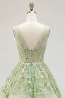 Laden Sie das Bild in den Galerie-Viewer, Grünes A-Linien-Korsett, V-Ausschnitt-Appliquiertes Langballkleid mit Rüschen