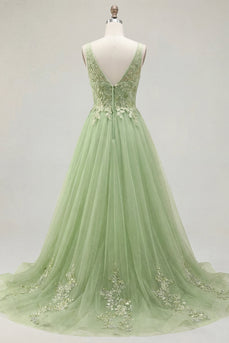 Grünes A-Line Spaghetti-Träger – geblümtes langes Abschlussballkleid mit Applikationen