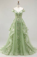 Laden Sie das Bild in den Galerie-Viewer, ZAPAKA Damen Grünes Abschlussballkleid mit Rüschen A-Linie Abseits der Schulter Korsett Floral Appliquiertes Langes Abendpartykleid