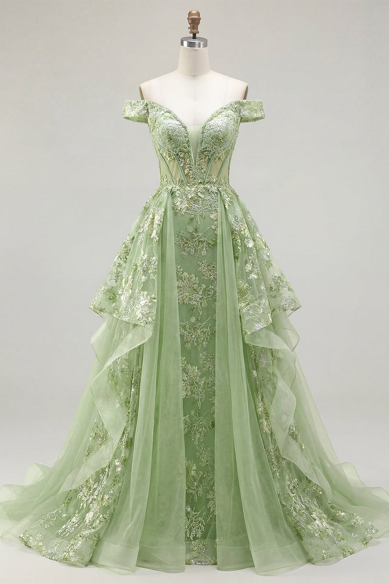 Laden Sie das Bild in den Galerie-Viewer, ZAPAKA Damen Grünes Abschlussballkleid mit Rüschen A-Linie Abseits der Schulter Korsett Floral Appliquiertes Langes Abendpartykleid
