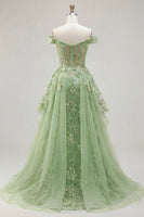 Laden Sie das Bild in den Galerie-Viewer, Off-the-shoulder Grünes A-Linie Korsett Florales Langes Ballkleid mit Rüschen
